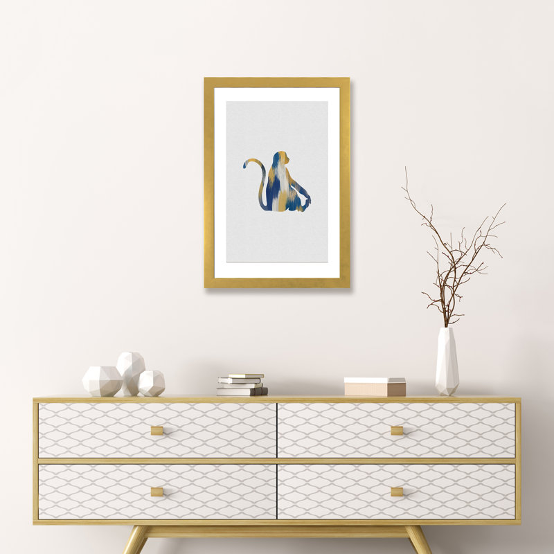 Singe bleu et jaune - impression d'art graphique, H 24 po x l 16 po x P 1 po, Papier encadré doré