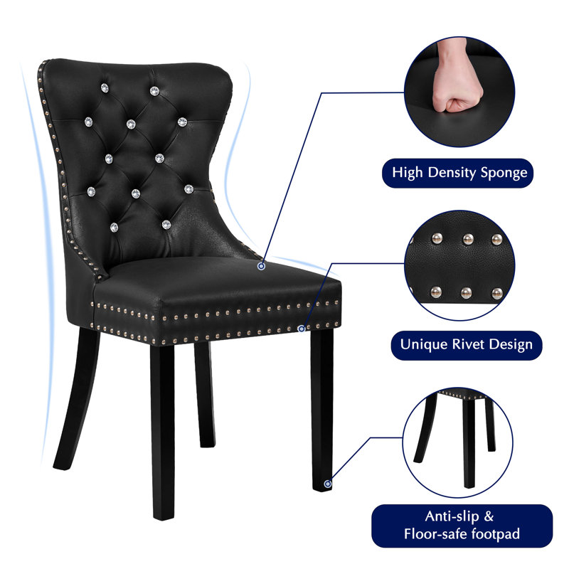 Faux Leather Wing Back Dining Chairs with Diamond-Tufted Back(Set of 4), Black