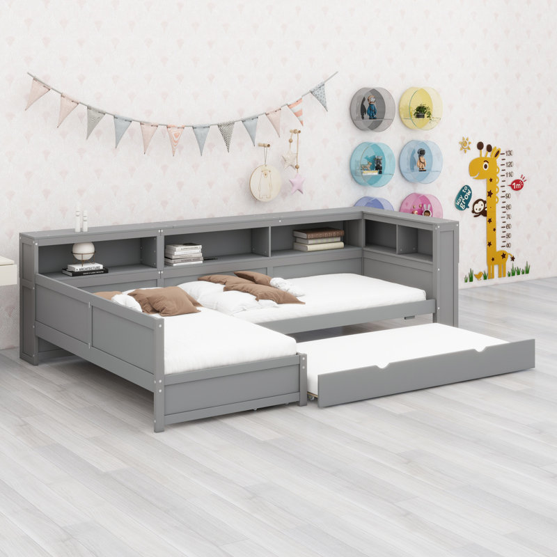 Lit plateforme en bois en L avec lit gigogne et tiroir, gris