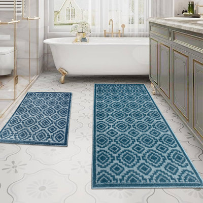 Makesia Turkish Treasure Washable Floral Blue 2 Piece Rug Bath Set Non Slip