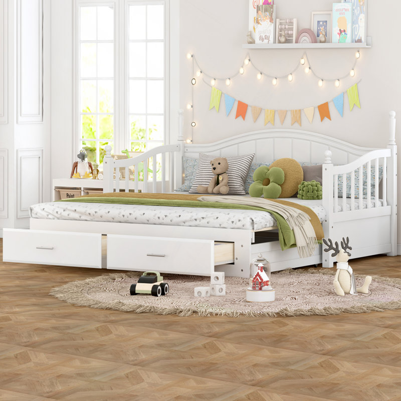 Wooden Daybed With Trundle, Extendable Daybed With Two Storage Drawers, White