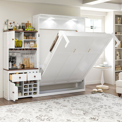 Grand lit escamotable avec armoire de rangement, support à vin, porte-verre, tiroirs et bande DEL multicolore