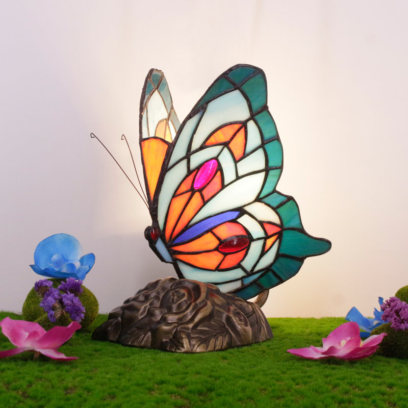 Lampe de table Butterfly Tiffany de 9,8 pouces de hauteur en verre coloré pour petits animaux