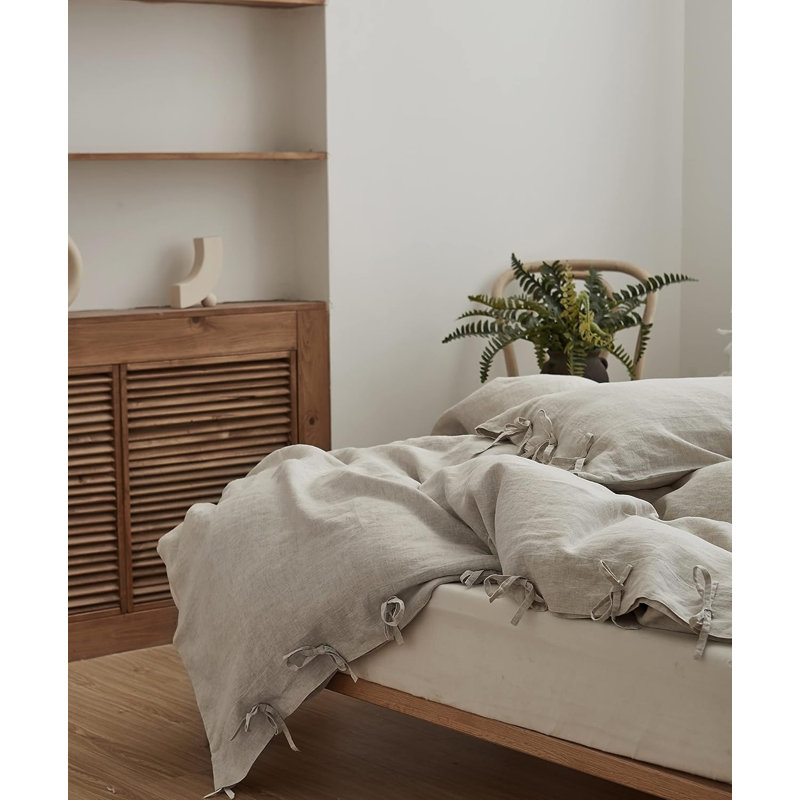 Ensemble de housse de couette 100% lin 3 pièces avec fermeture à nœuds noueux lin naturel français délavé couleur de ferme douce et respirante