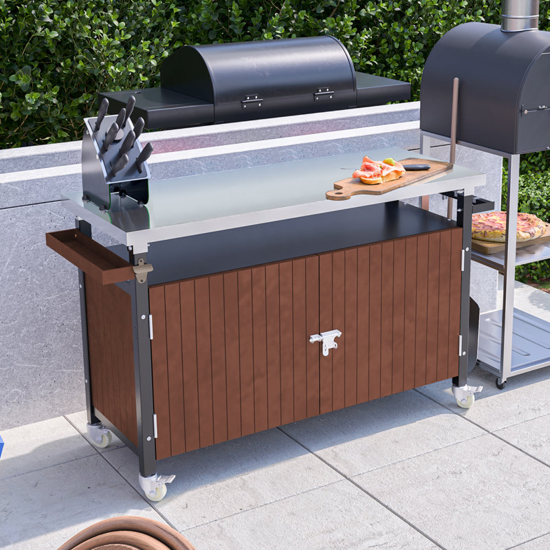 Table d'extérieur portative pour chariot de bar en résine d'aspect bois durable et comptoir en acier inoxydable, idéale pour la préparation de la cuisine et les grillades