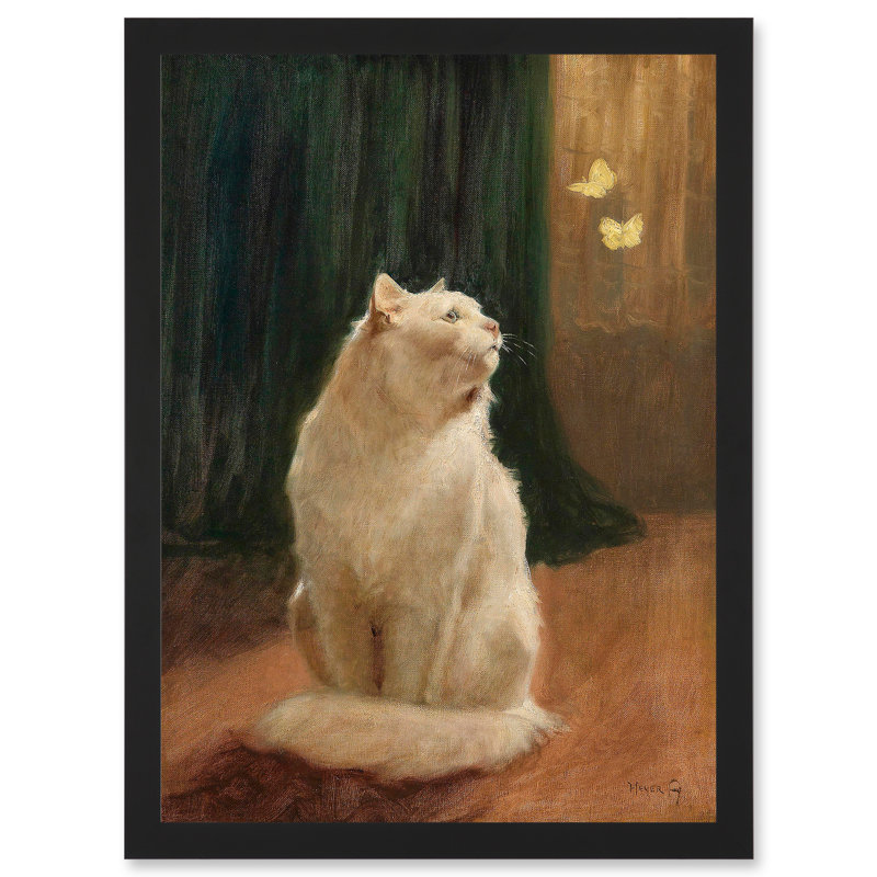 White Cat And Butterflies - Single Picture Frame Art Prints
