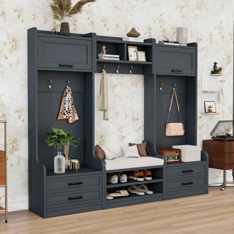 Multi-Functional Hall Tree with Storage Cabinets, Drawers and Hooks, Antique Blue