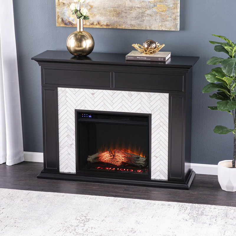 Marble Tiled Touch Screen Electric Fireplace Black