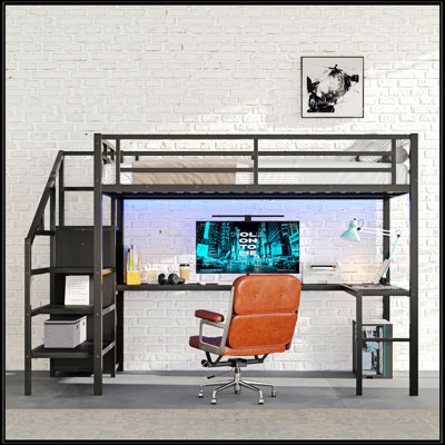 Lit mezzanine double en métal avec bureau en L, garde-robe et DEL, idéal pour les enfants, les adolescents et les adultes, conception peu encombrante
