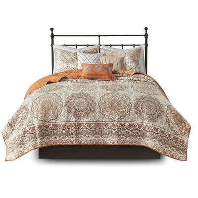 6 Piece Quilt , Orange Color, Taupe Floral Design, 100% Microfiber, Easy To Clean Reversible And Taupe, Large Medallions, 2 Standard Shams, Machine Washable