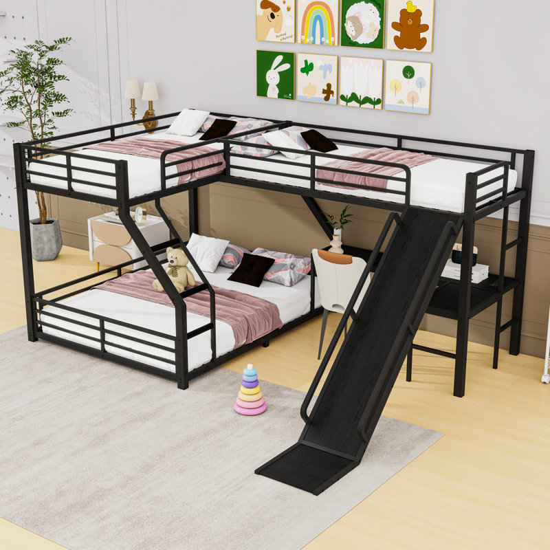 Bunk Bed With Slide, USB Ports And Guardrails, Extra Long Twin Over Queen