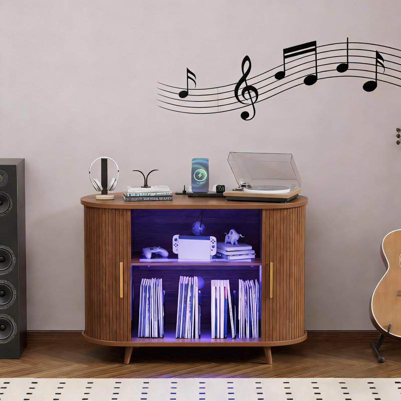 Record Player Stand With Charging Station & LED Lights, Sliding Door Media Cabinet, Walnut