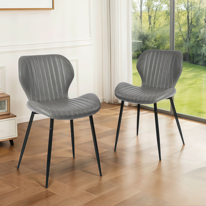Set of 2 Modern Grey PU Leather Dining Chairs with Black Tapered Metal Legs, Ergonomic Curved Back, 300 lbs Capacity, Adjustable Foot Pads, Water-Resistant Upholstery for Kitchen & Dining Room