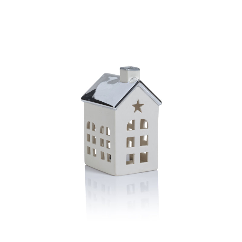 Ensemble de 2 pièces DEL en porcelaine avec toit Lilou, H 4,25 po x l 3 po x P 2,5 po, Argent/blanc