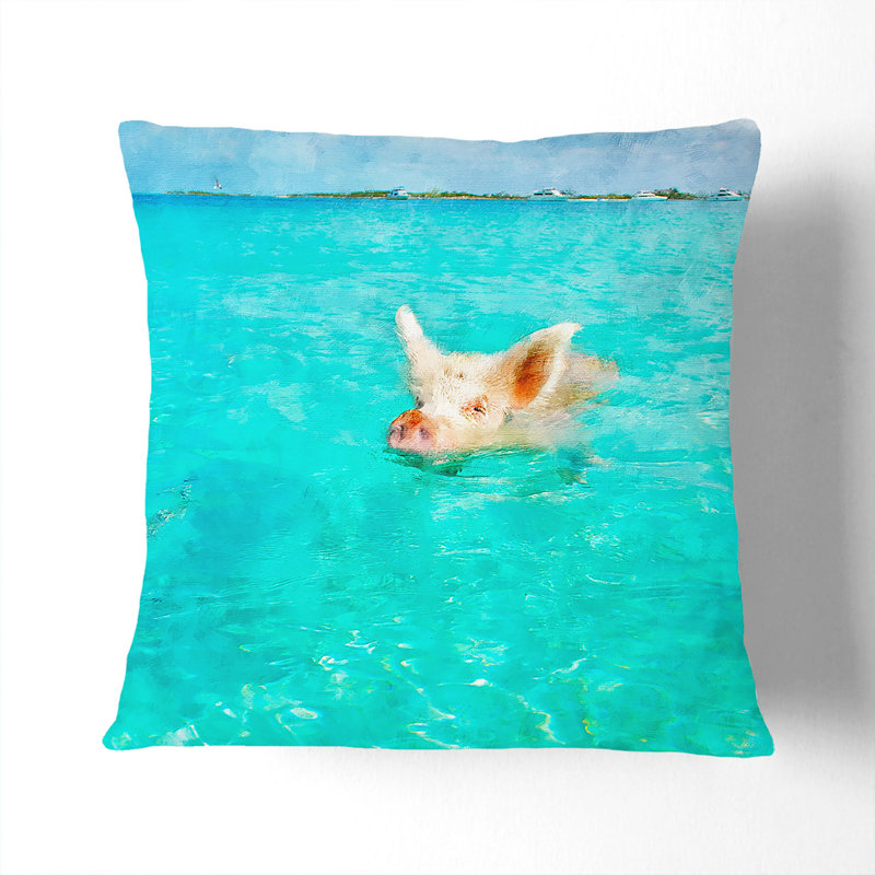 Swimming Pig Painting Square Throw Cushion, Black, 40cm H x 40cm W x 15cm D