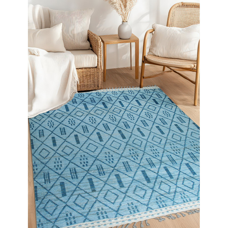 Élégant tapis transitionnel contemporain en laine noué à la main bleu Marrakech, Rectangle 6 pi x 9 pi