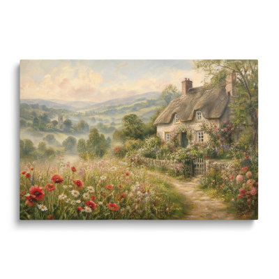 Multicolor Canvas Thatched Cottage Landscape Painting, Painterly Wall Art for Living Room Dining Room and Bedroom