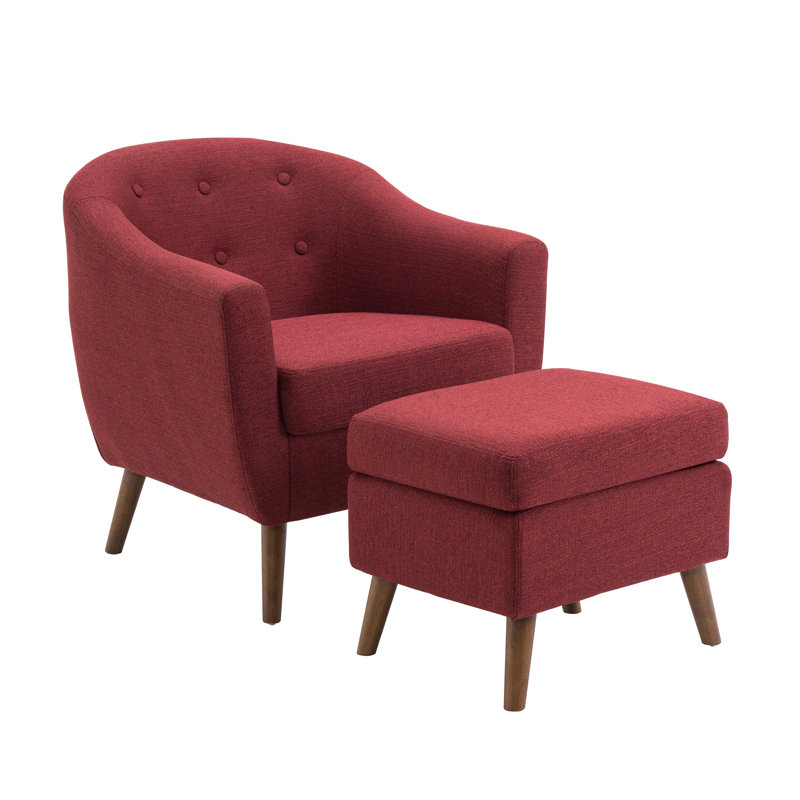 Arlaith Linen Upholstered Accent Chair with Ottoman, Rubberwood Legs, Red Linen