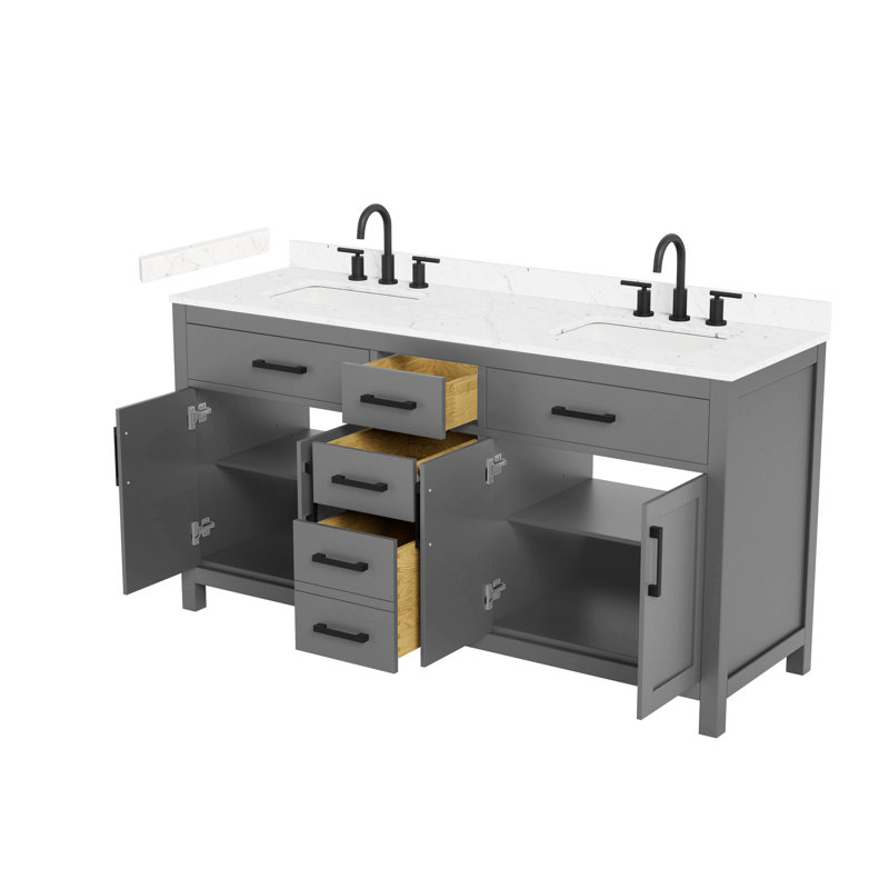 Ensemble de meuble-lavabo double Beckett, Gris foncé avec bordure noir mat, Comptoir en marbre de culture de Carrare
