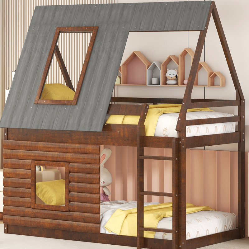House-Shaped Twin Bunk Bed In Oak & Smoky Grey - Roof, , 2 Windows Wood Construction For Bedroom