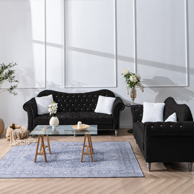 Retro Chesterfield Living Room Sets For Living Room - Polyester Fabric Upholstery With Solid Wood Fram by Charlton Home