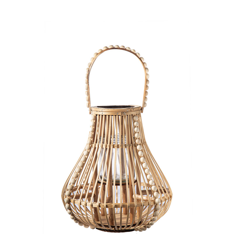 Lanterne ronde en bois avec poignée supérieure et perles verticales