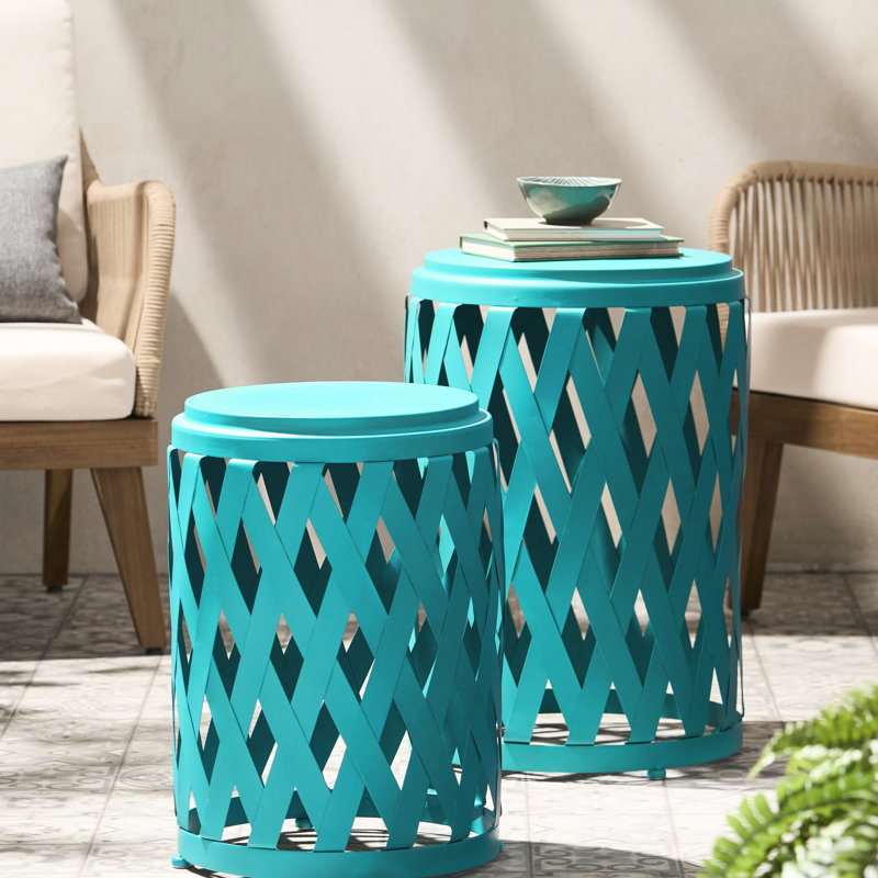 Élégantes tables d'appoint en fer avec motif pour patio - bleu sarcelle mat, 2, fer sarcelle léger et portable, détail, 2 options