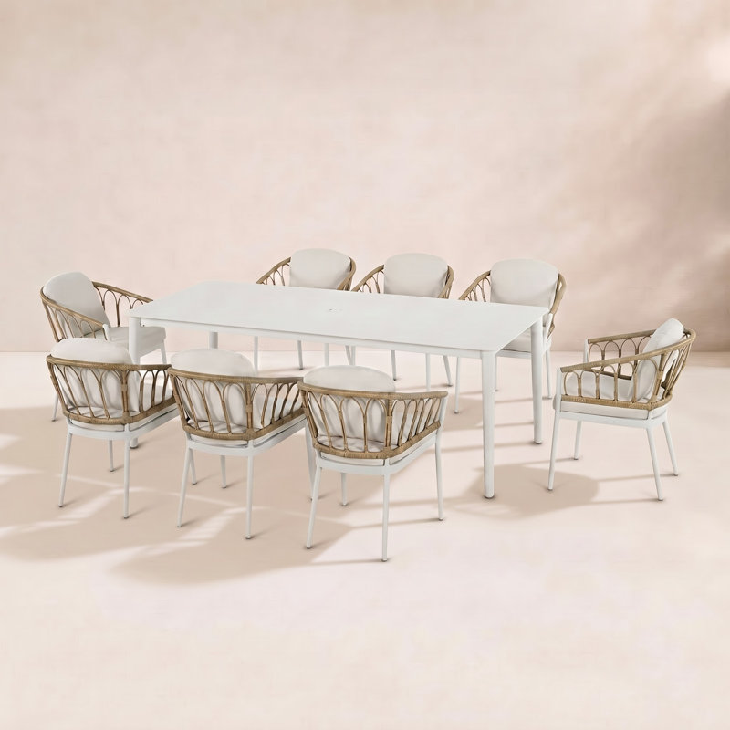 Silvie 9-Piece Wicker Aluminum Patio Dining Set with Rectangular Table and Beige Cushions