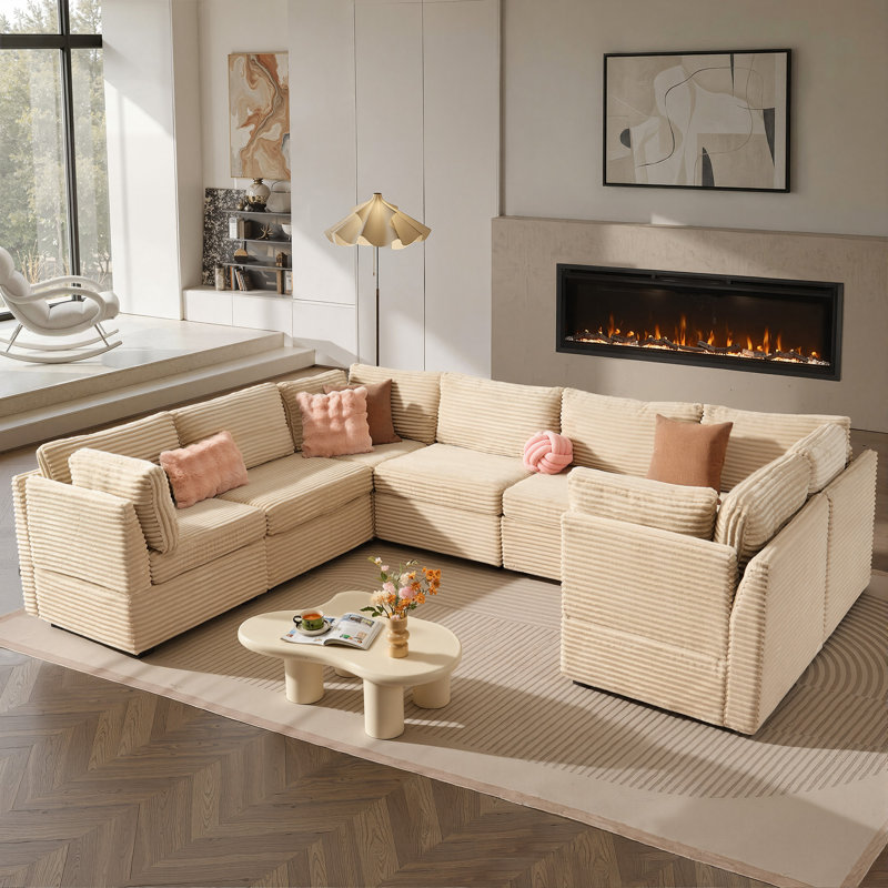 Canapé modulaire en velours côtelé 7 pièces Nathasa, Velours côtelé beige