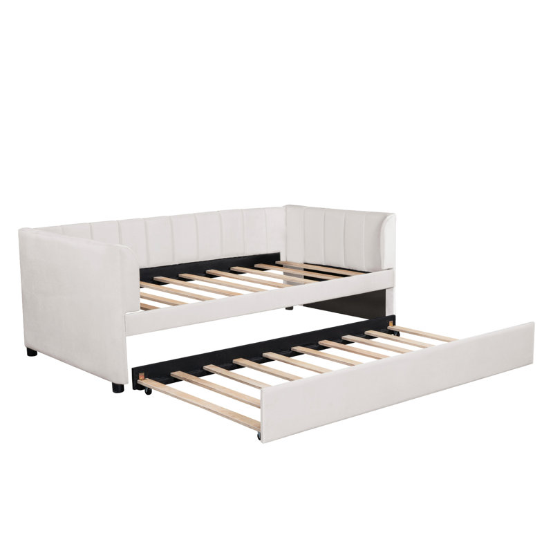 Lit de jour simple en velours beige avec housse de lit gigogne extensible et compacte pour un sommeil confortable