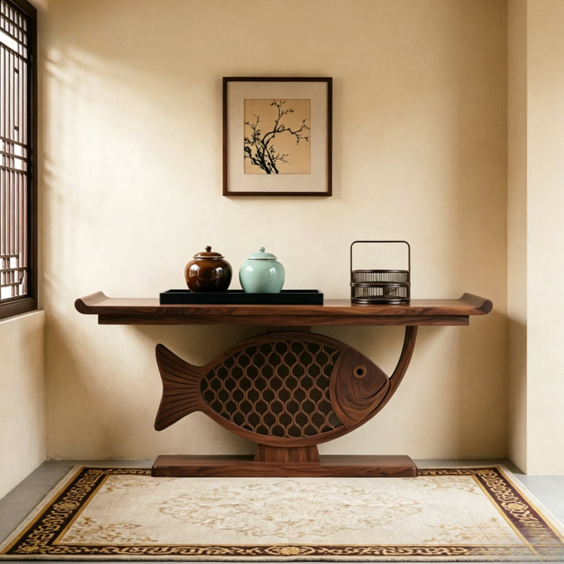 Console en bois de style médiéval, 35.4" H x 62.9" W x 15.7" D