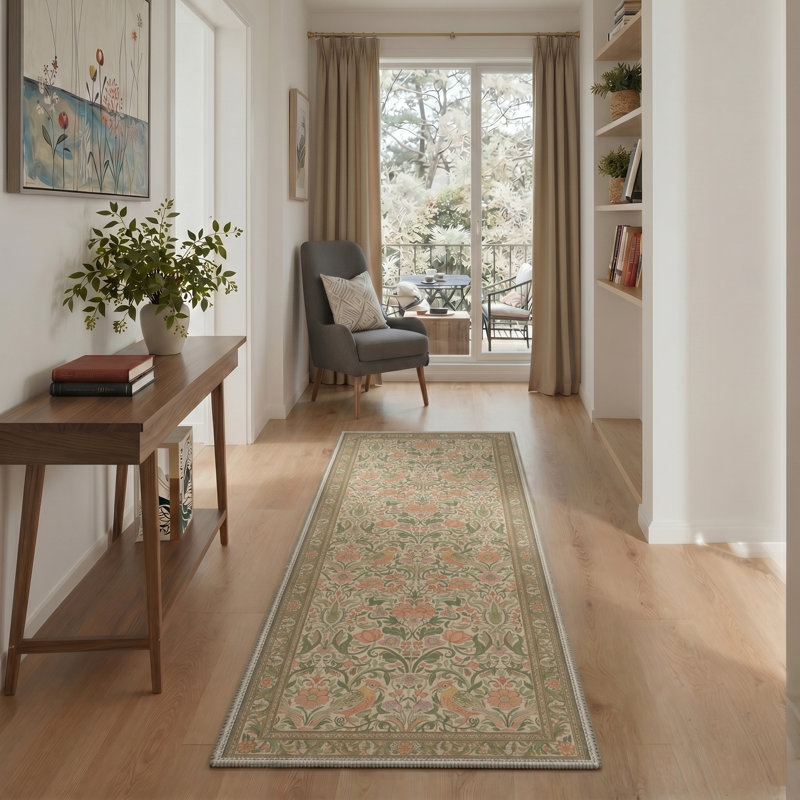 Avianora Floral Machine Washable Green / Beige Indoor Area Rug with Non-Slip Backing, Runner 2' x 6'