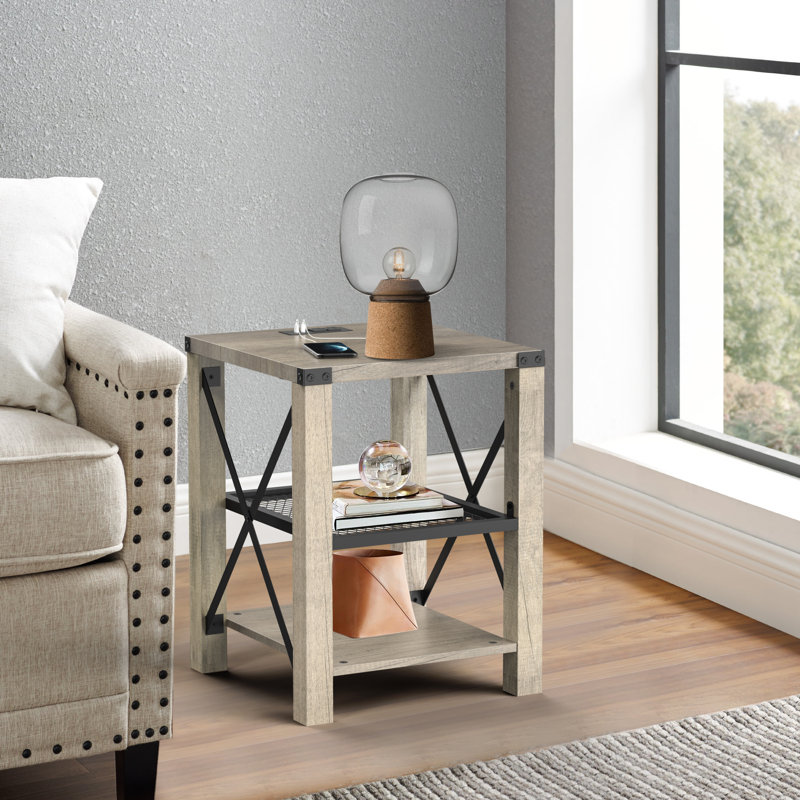 Eidelweiss Tall End Table Nightstand with 2 USB Ports, 2 Power Outlets, and 2 Storage Shelves, Wash Grey