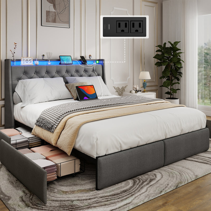 Full Upholstered Bed Frame with Headboard and LED Lights,Platform Bed with 4 Storage Drawers and 4 in 1 Charging Station