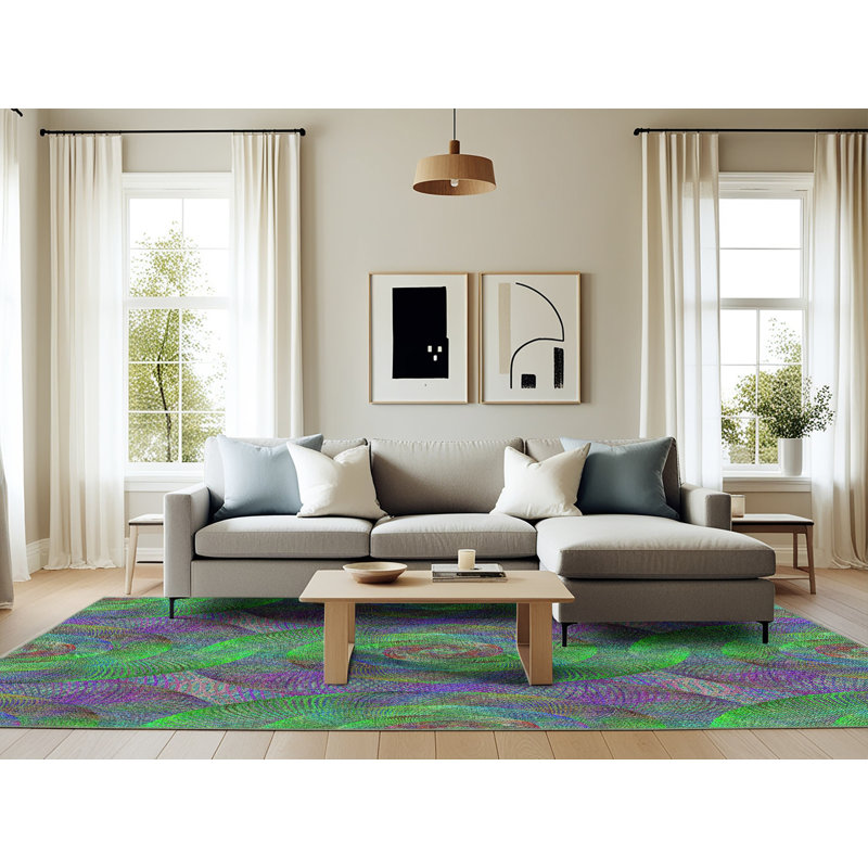 Tapis vert/mauve à motifs, Rectangle 6 pi x 9 pi