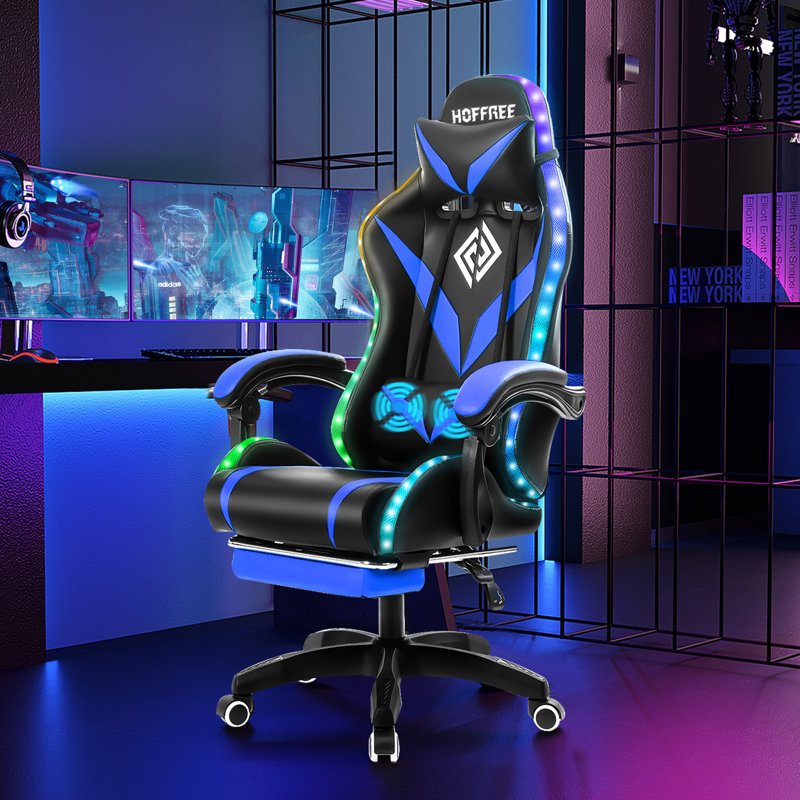 Ergonomic  LED Gaming Chair with Massage Lumbar Pillow, Blue/Black