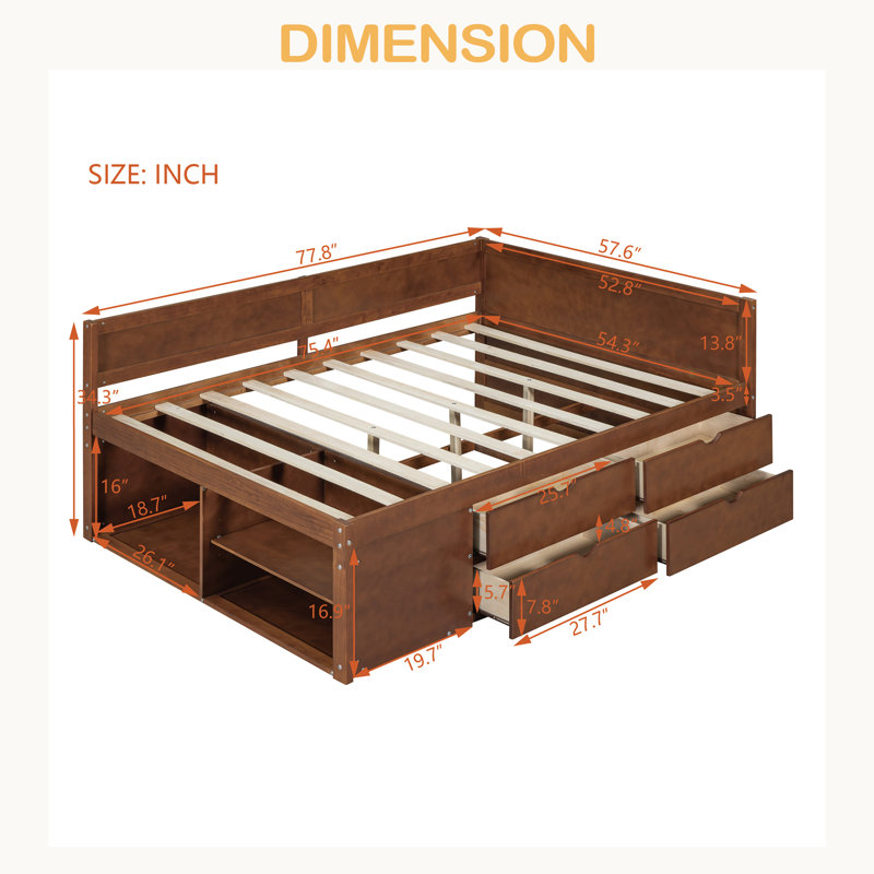 Lit de jour avec tiroirs et tablettes, Complet/Double, Noyer