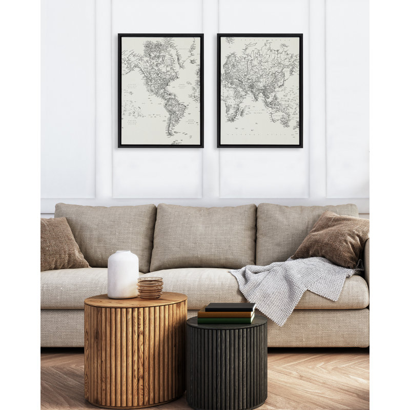 Vintage Black and White World Map Framed Canvas Set