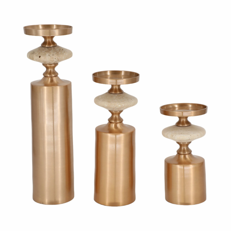 Set of 3 Metal and Marble Pillar Candle Holders & Taper Holders - Decorative Accent for Home Decor.