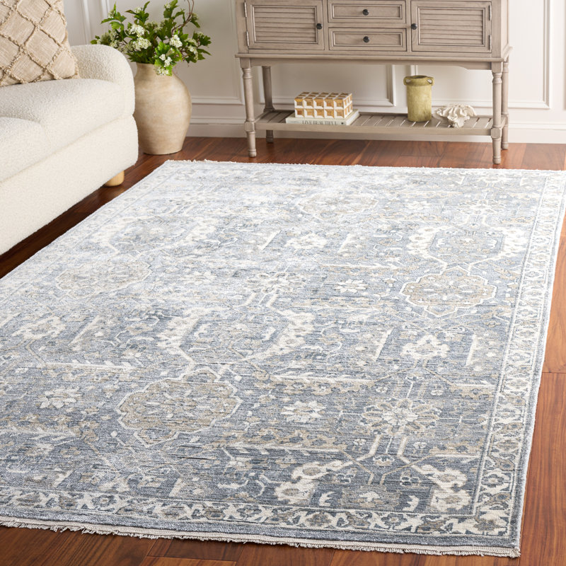 Tapis abstrait en viscose / coton / laine noué à la main Haj Jalili bleu clair / beige, Rectangle 6 pi x 9 pi