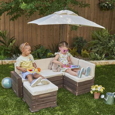 Kids' 6-pc. Wooden Outdoor Sectional, Ottoman & Umbrella Patio Set with Cushions