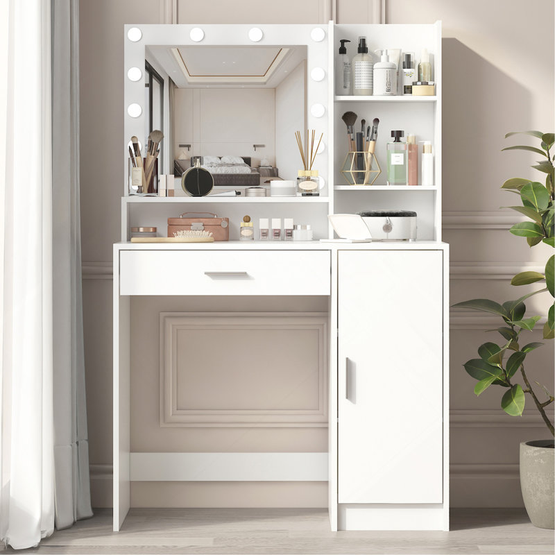 Bureau de coiffeuse avec miroir et lumière, commode de rangement à trois niveaux avec grand tiroir, 3 modes d'éclairage à luminosité réglable, coiffeuse de chambre à coucher (blanc)