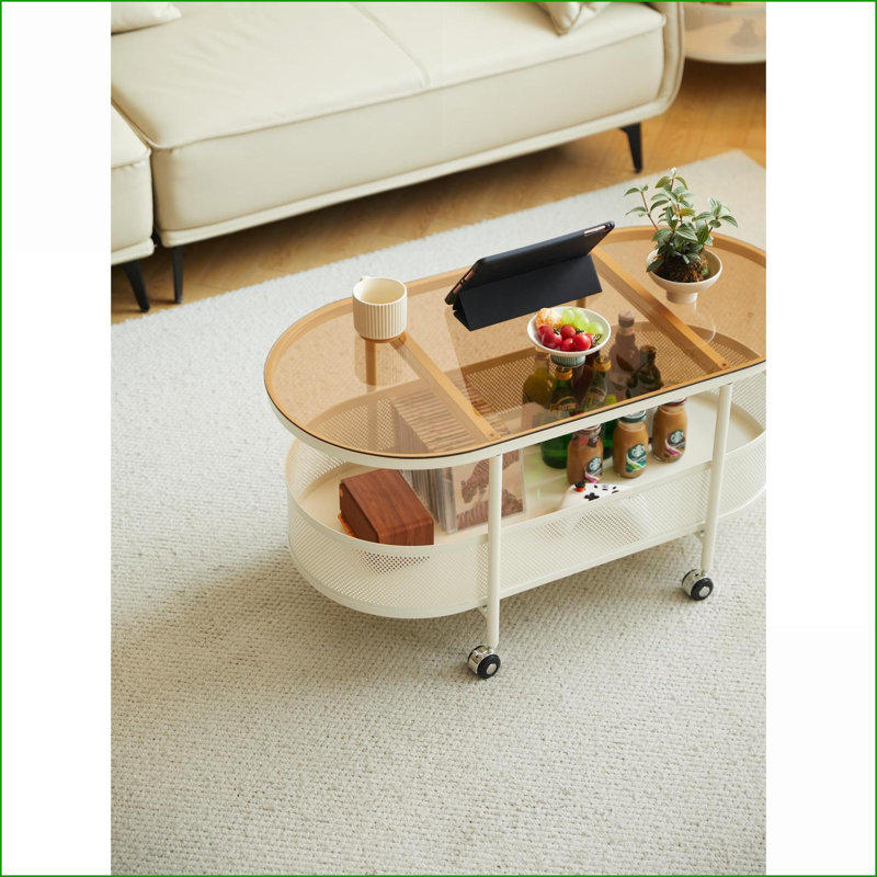 Ovale en métal Table basse brune en verre trempé avec rangement, roues universelles faciles à déplacer