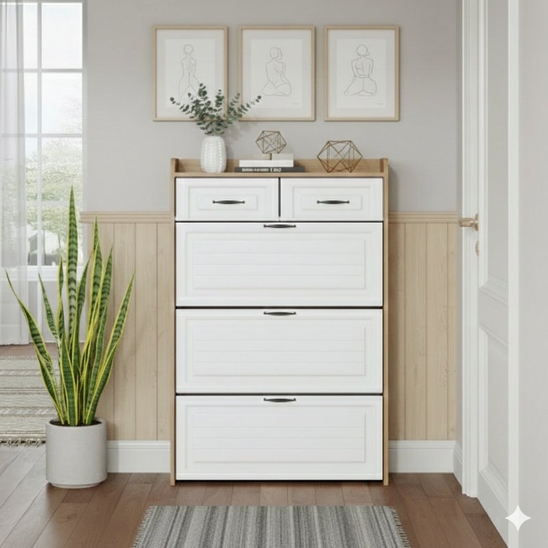 Armoire à chaussures avec finition blanche et chêne avec trois portes et deux tiroirs, offrant beaucoup d'espace de rangement