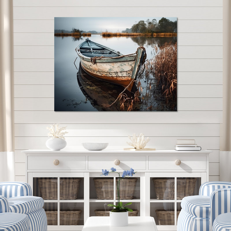 «Coastal Boat Charm In Autumn» - art mural bateau côtier, H 34 po x l 44 po x P 1,5 po, Toile tendue