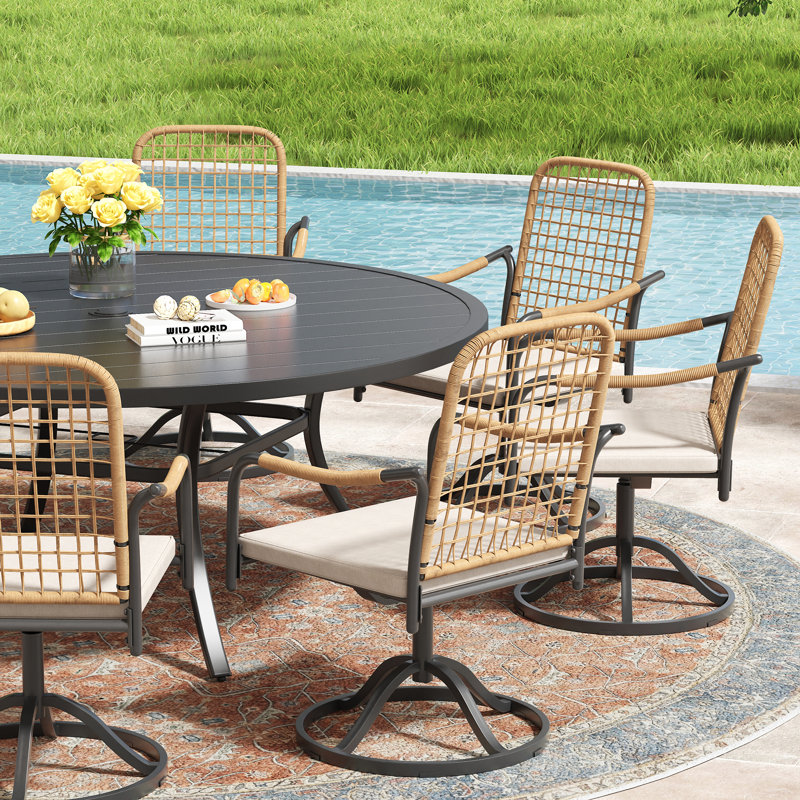 Ensemble repas pour 8 personnes avec chaises pivotantes en rotin, Noir