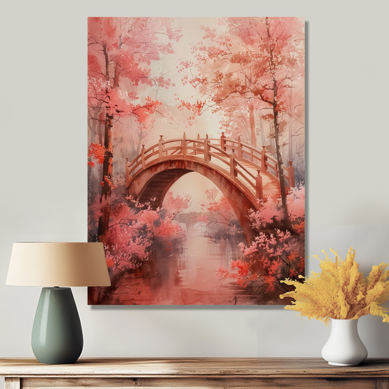 «Pink Brown Spring Bridge of Dreams Blooms IV», reproduction d'art mural, Toile tendue, H 16 po x l 32 po