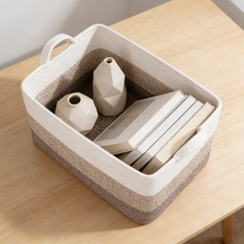 Grand panier de rangement tissé avec poignées, organisateur de corde en coton pliable pour couvertures, jouets et décoration intérieure