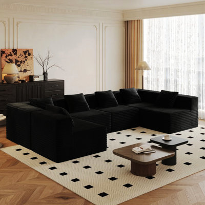Canapé d'angle modulaire pour salon, tissu de velours côtelé, coussins de dossier confortables, 6 places, aucun assemblage requis, noir, canapés mi-souples, coussins beiges, idéal pour les espaces de jeux et les chambres.