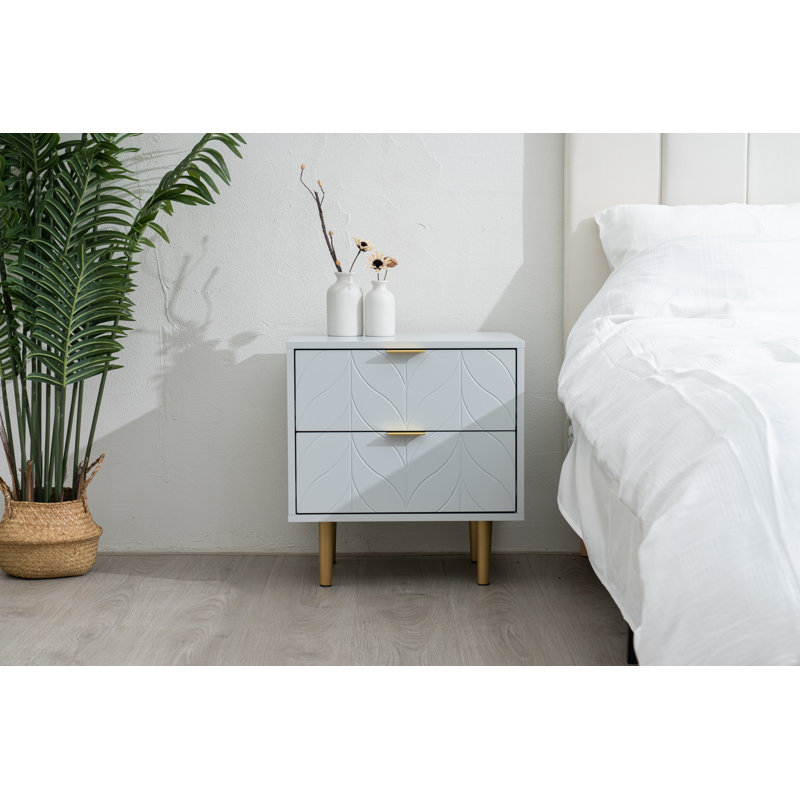 Kham Classic 2-Drawer Wood Nightstand, Bronze Trim, 53x50x40cm, Grey